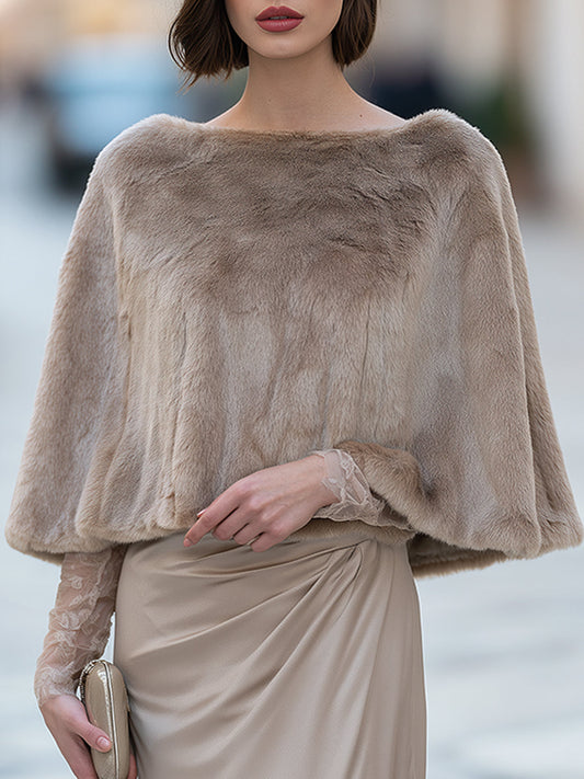 Zafren Taupe Plush Faux Fur Cape