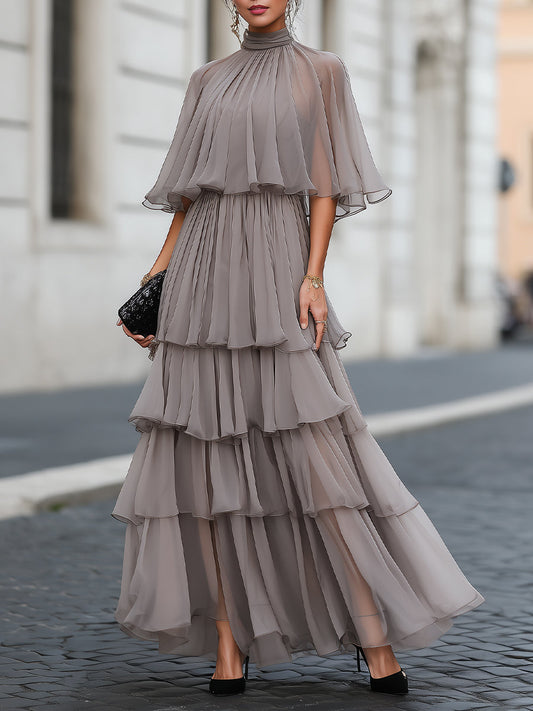 Zafren Taupe Tiered Cape Maxi Dress