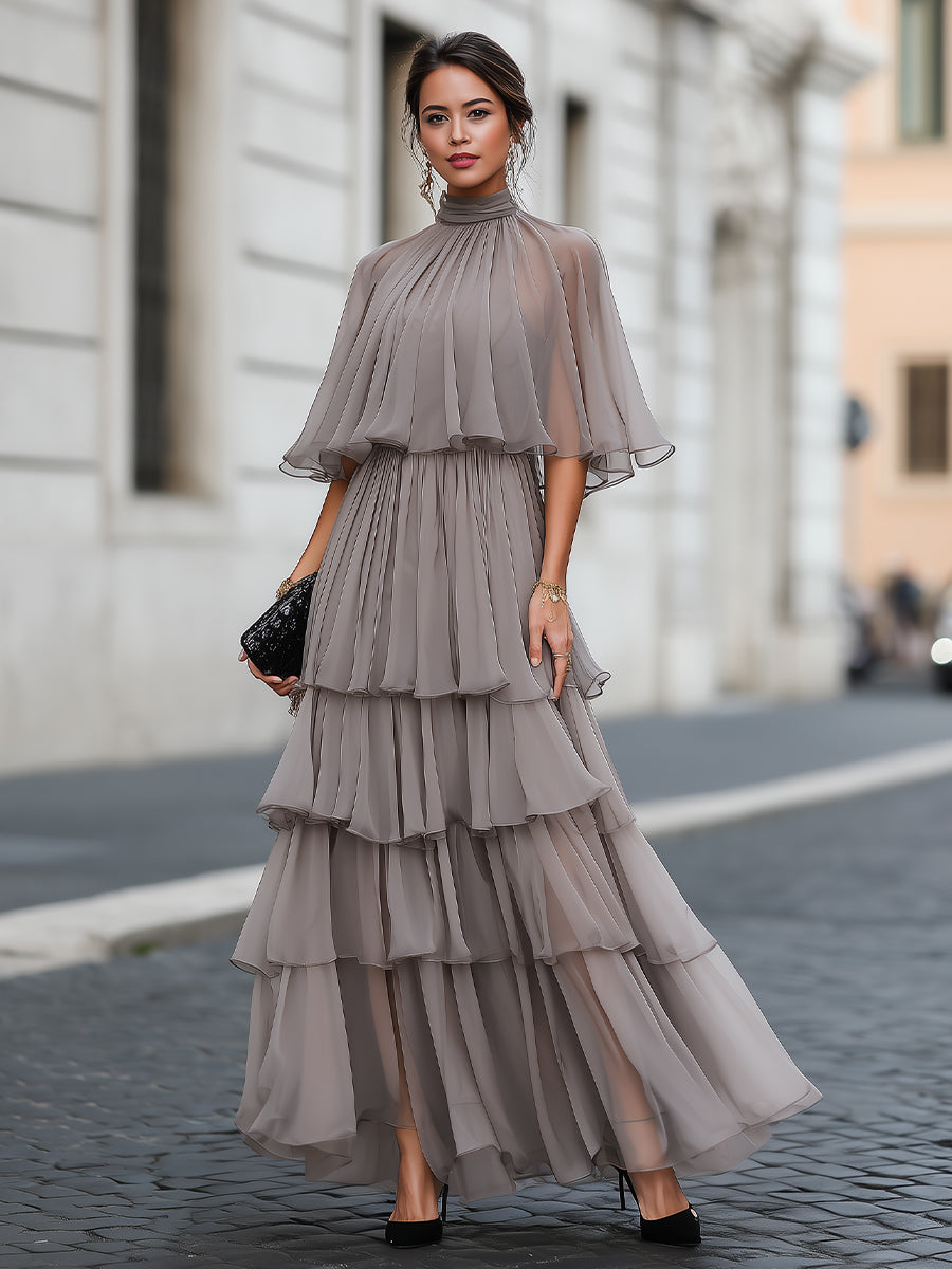 Zafren Taupe Tiered Cape Maxi Dress