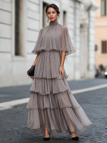 Zafren Taupe Tiered Cape Maxi Dress