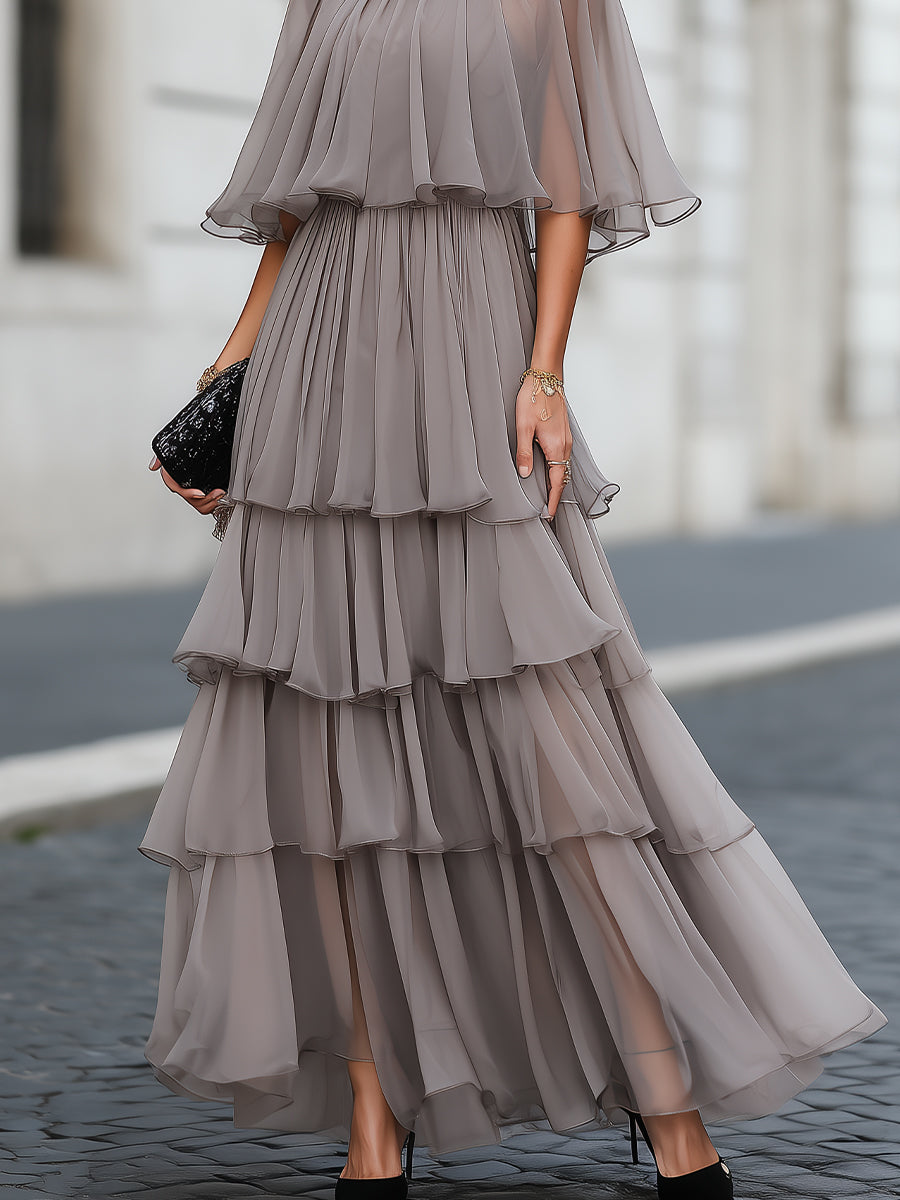 Zafren Taupe Tiered Cape Maxi Dress