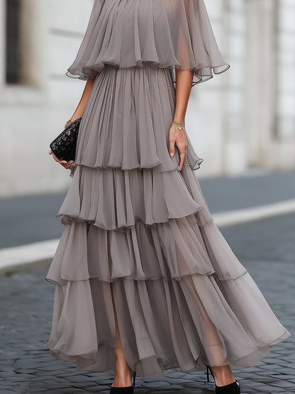 Zafren Taupe Tiered Cape Maxi Dress