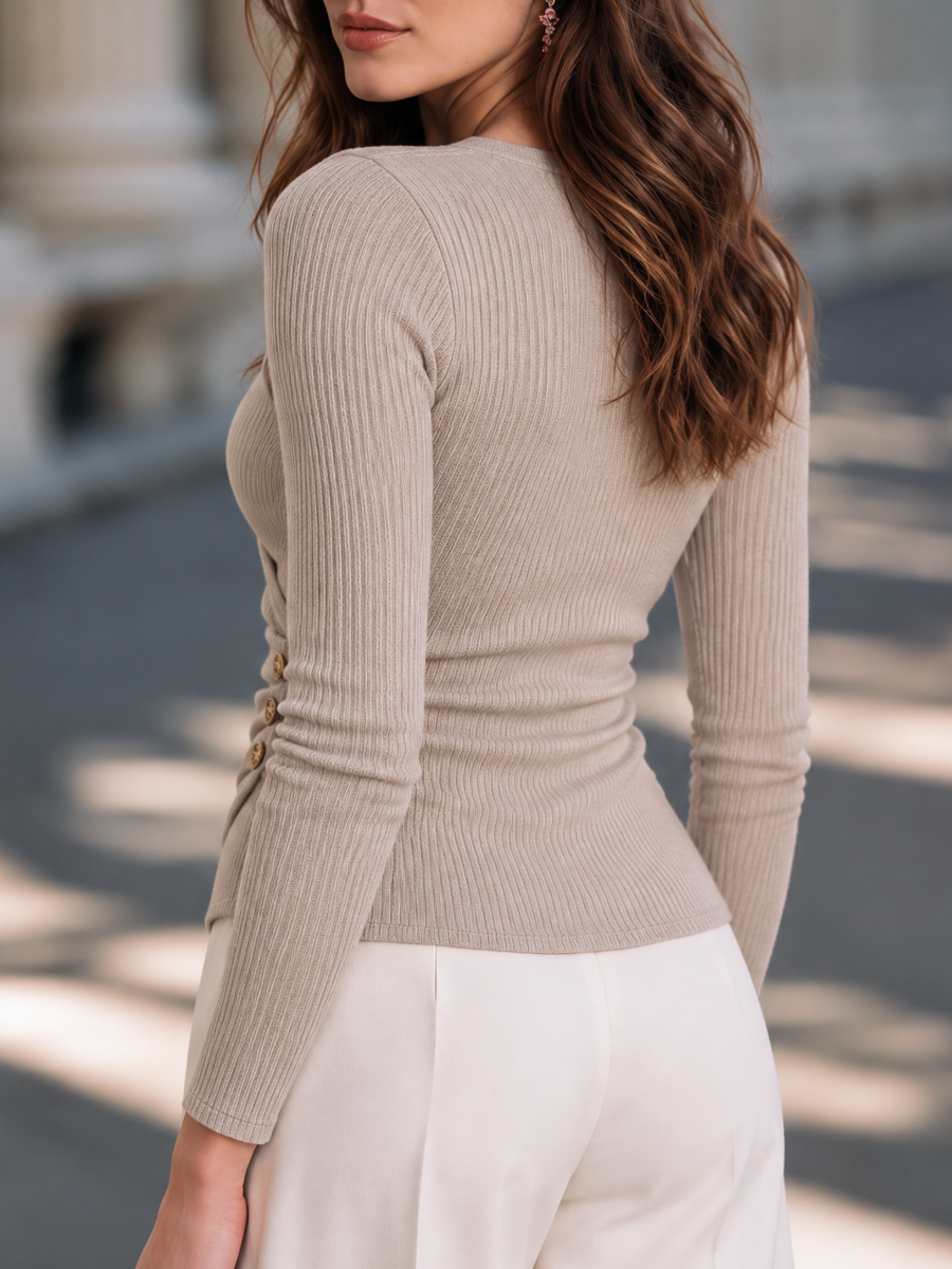 Zafren Taupe Wrap-Front Ribbed Sweater