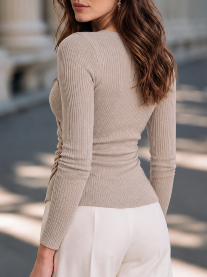 Zafren Taupe Wrap-Front Ribbed Sweater
