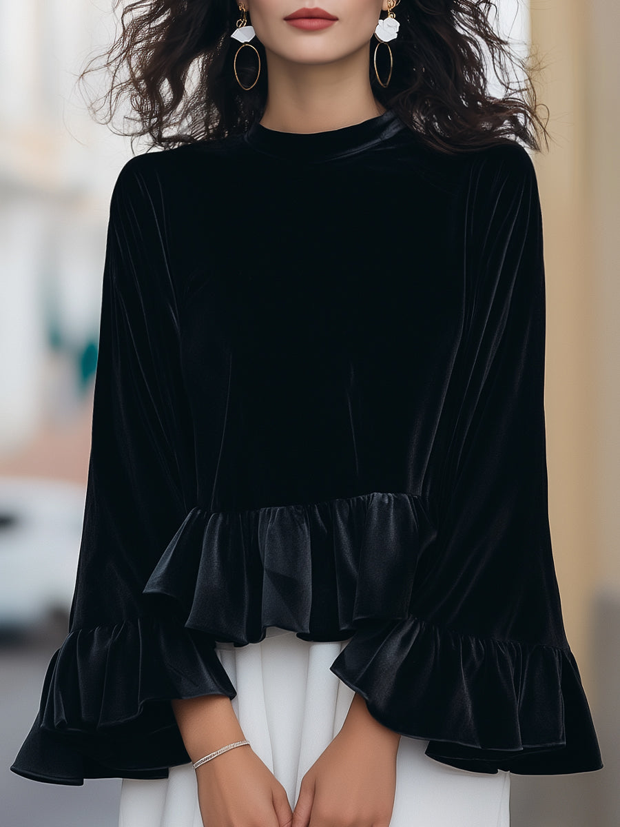 Zafren Velvet Ruffle Bell Sleeve Blouse