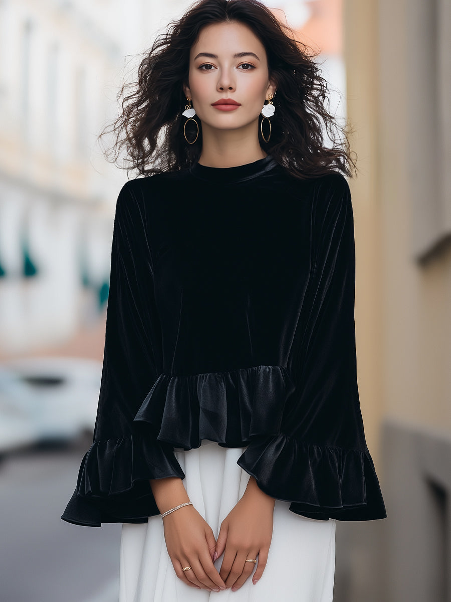 Zafren Velvet Ruffle Bell Sleeve Blouse