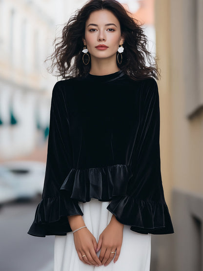 Zafren Velvet Ruffle Bell Sleeve Blouse