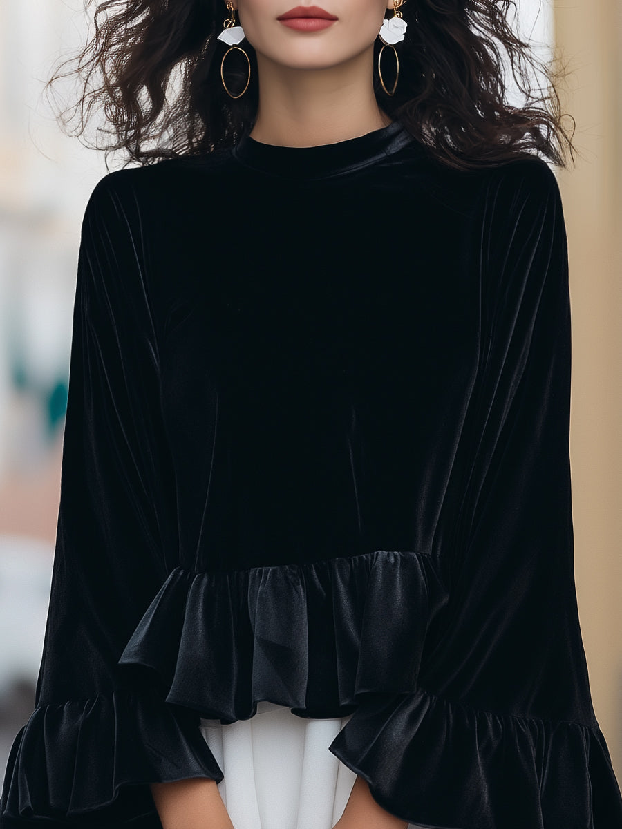 Zafren Velvet Ruffle Bell Sleeve Blouse