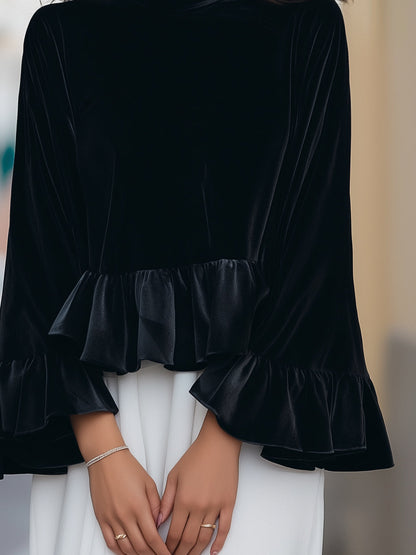 Zafren Velvet Ruffle Bell Sleeve Blouse