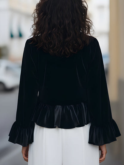 Zafren Velvet Ruffle Bell Sleeve Blouse