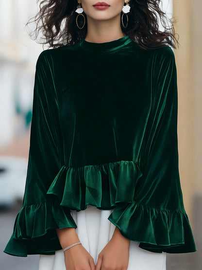 Zafren Velvet Ruffle Bell Sleeve Blouse