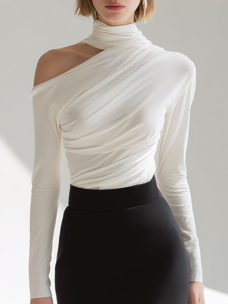 Zafren White Asymmetric Draped High-Neck Blouse
