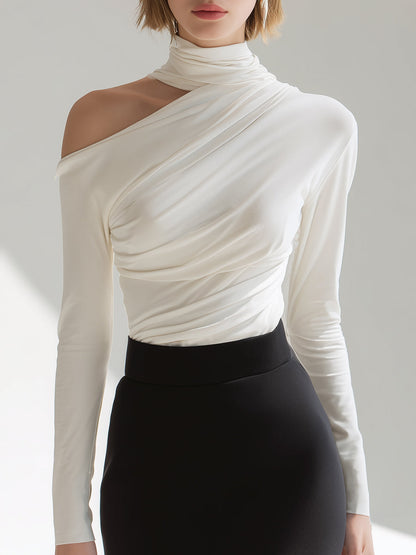 Zafren White Asymmetric Draped High-Neck Blouse