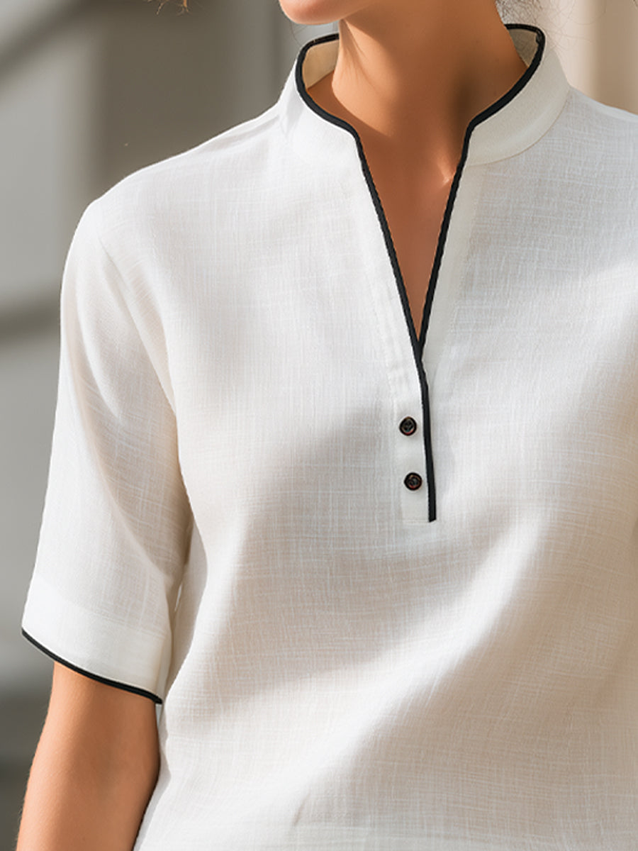 Zafren White Black-Trim Short Sleeve Blouse