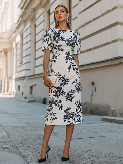 Zafren White Botanical Print Midi Dress