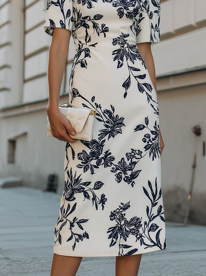 Zafren White Botanical Print Midi Dress