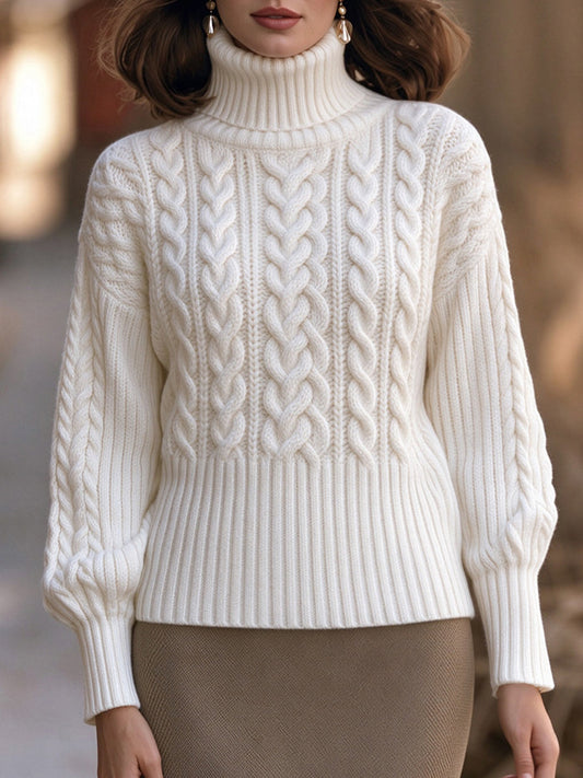 Zafren White Chunky Cable Turtleneck Sweater