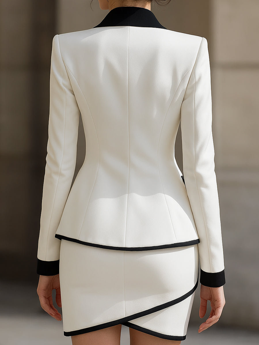 Zafren White Contrast Trim Skirt Suit