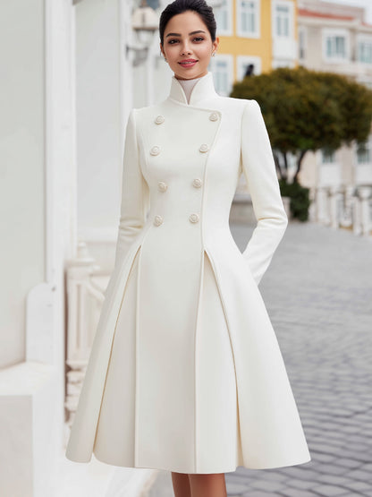 Zafren White Double-Breasted Coat Dress