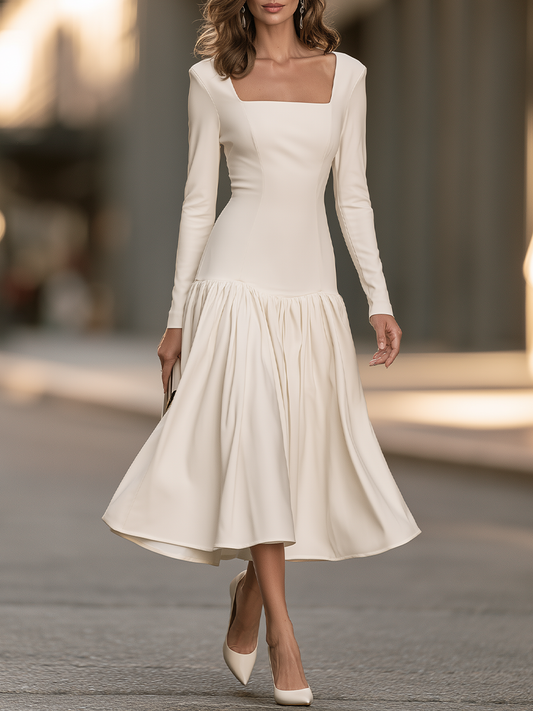 Zafren White Drop-Waist Square Neck Dress
