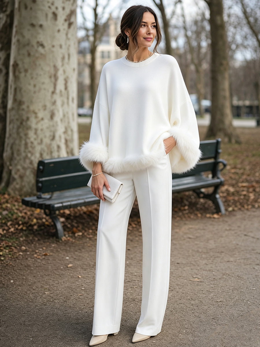 Maglione Zafren bianco con bordi in pelliccia sintetica