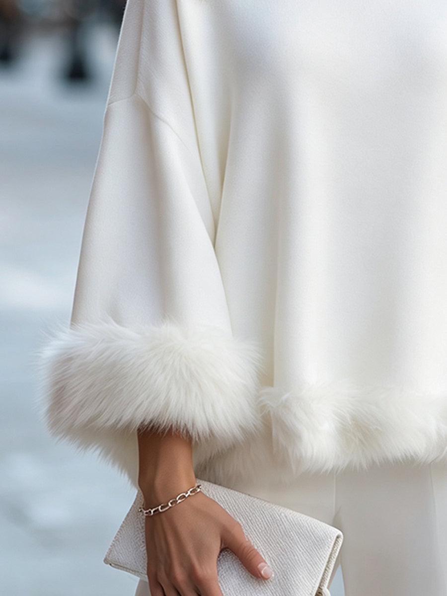 Maglione Zafren bianco con bordi in pelliccia sintetica