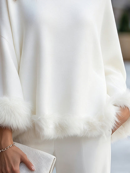Maglione Zafren bianco con bordi in pelliccia sintetica