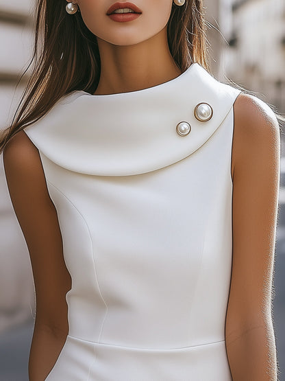 Robe Zafren blanche en satin à col rabattable