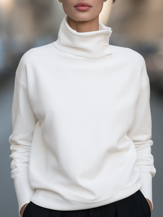 Zafren White Funnel Neck Button Sweater