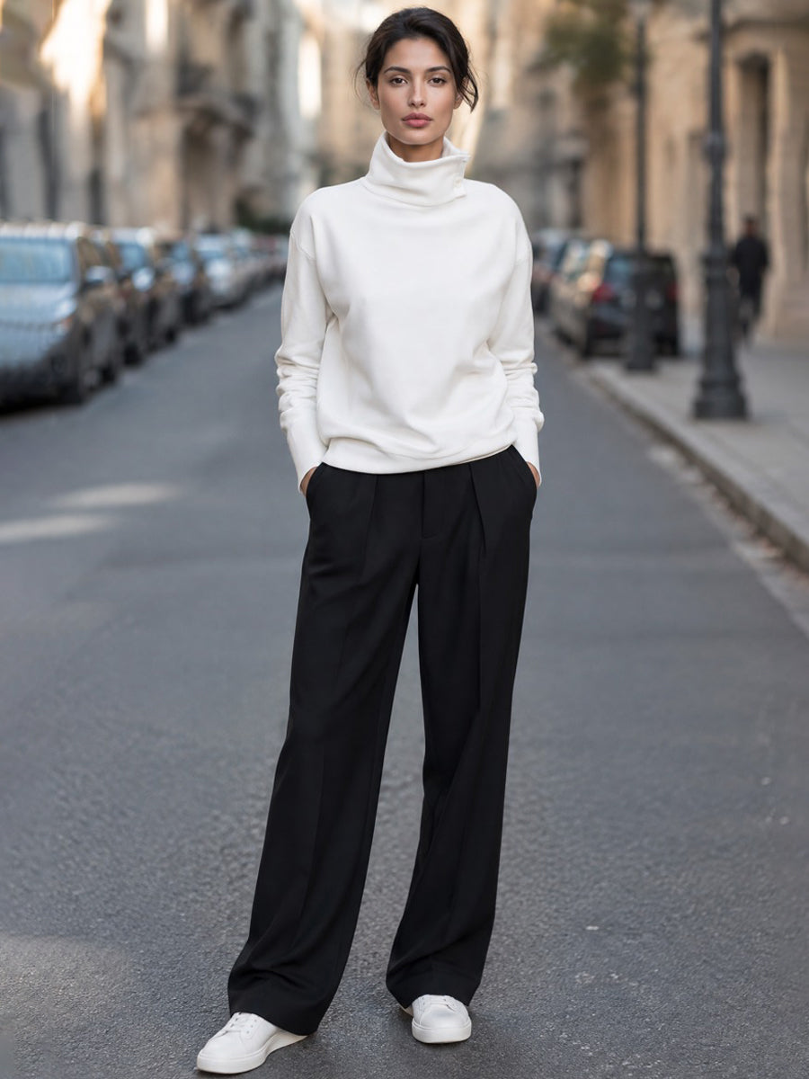 Zafren White Funnel Neck Button Sweater