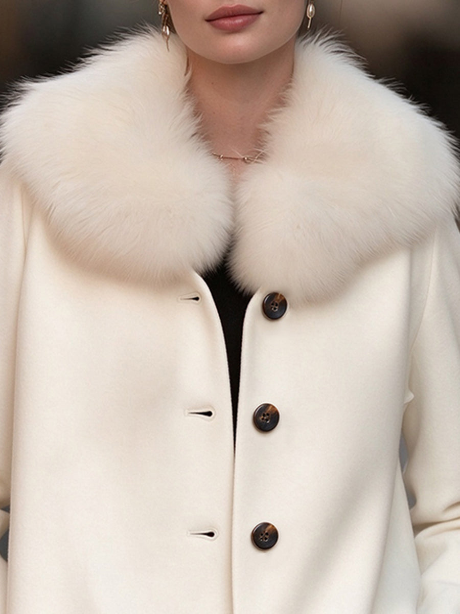 Zafren White Fur Collar Wool Jacket