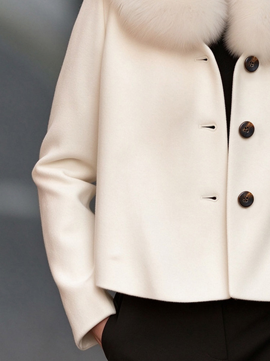 Zafren White Fur Collar Wool Jacket