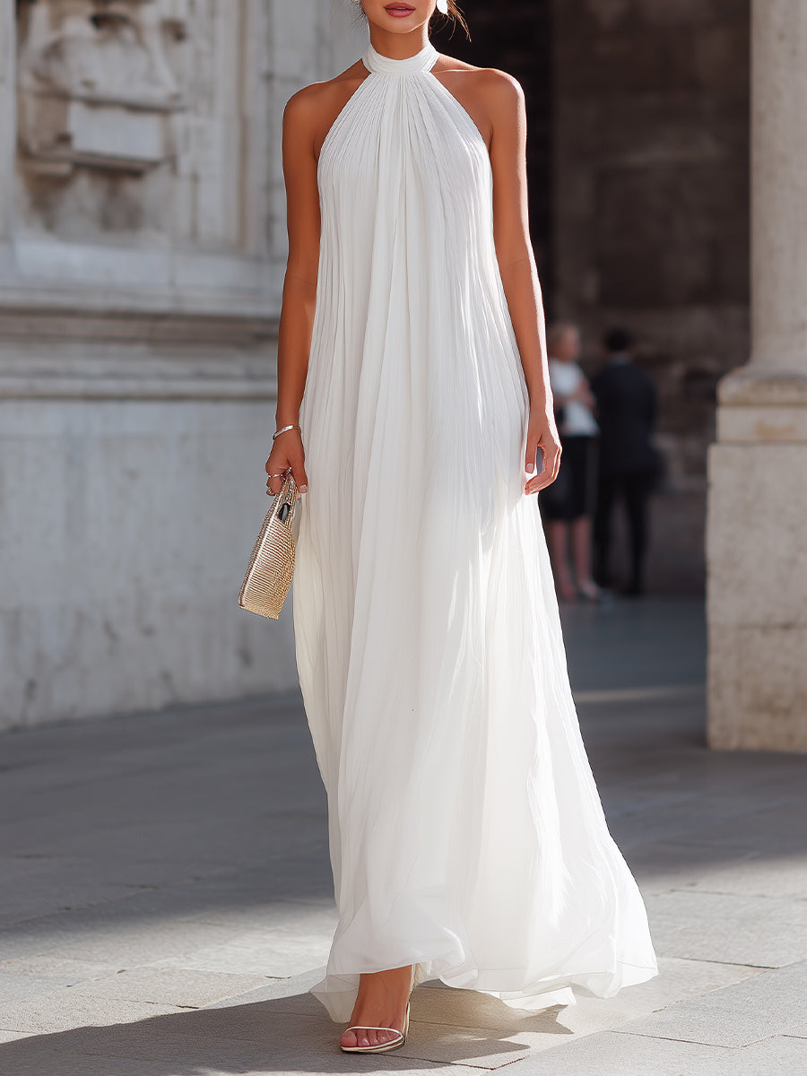 Robe longue Zafren blanche plissée à col licou
