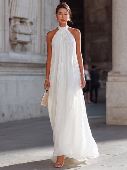 Robe longue Zafren blanche plissée à col licou