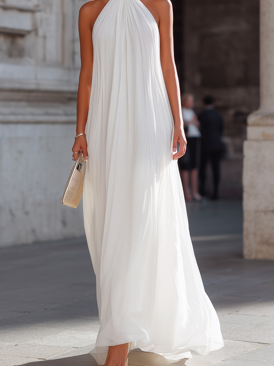 Robe longue Zafren blanche plissée à col licou
