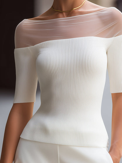 Maglione a coste Zafren bianco con carré in rete