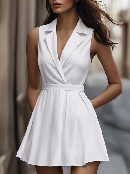 Zafren White Notch Lapel Wrap Dress
