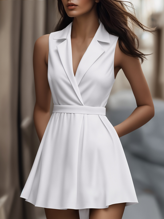 Zafren White Notch Lapel Wrap Dress