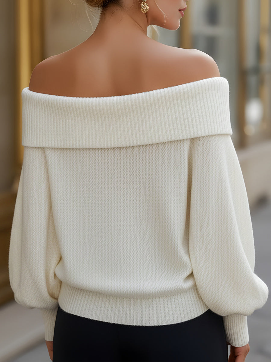 Maglione Zafren bianco con spalle scoperte e maniche a palloncino