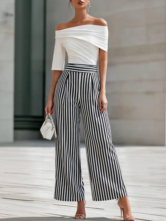 Zafren White Off-Shoulder Striped Pants Set