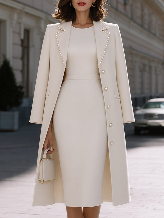 Zafren White Pearl-Trim Coat Dress Set