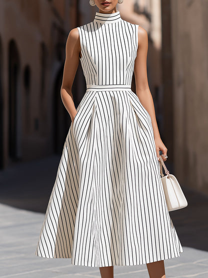 Zafren White Pinstripe High-Neck Midi Dress