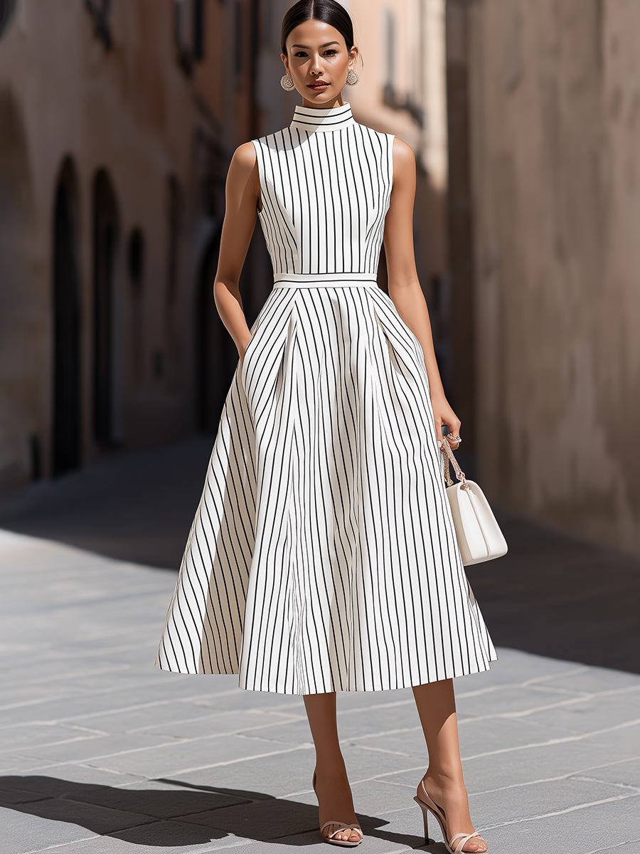 Zafren White Pinstripe High-Neck Midi Dress