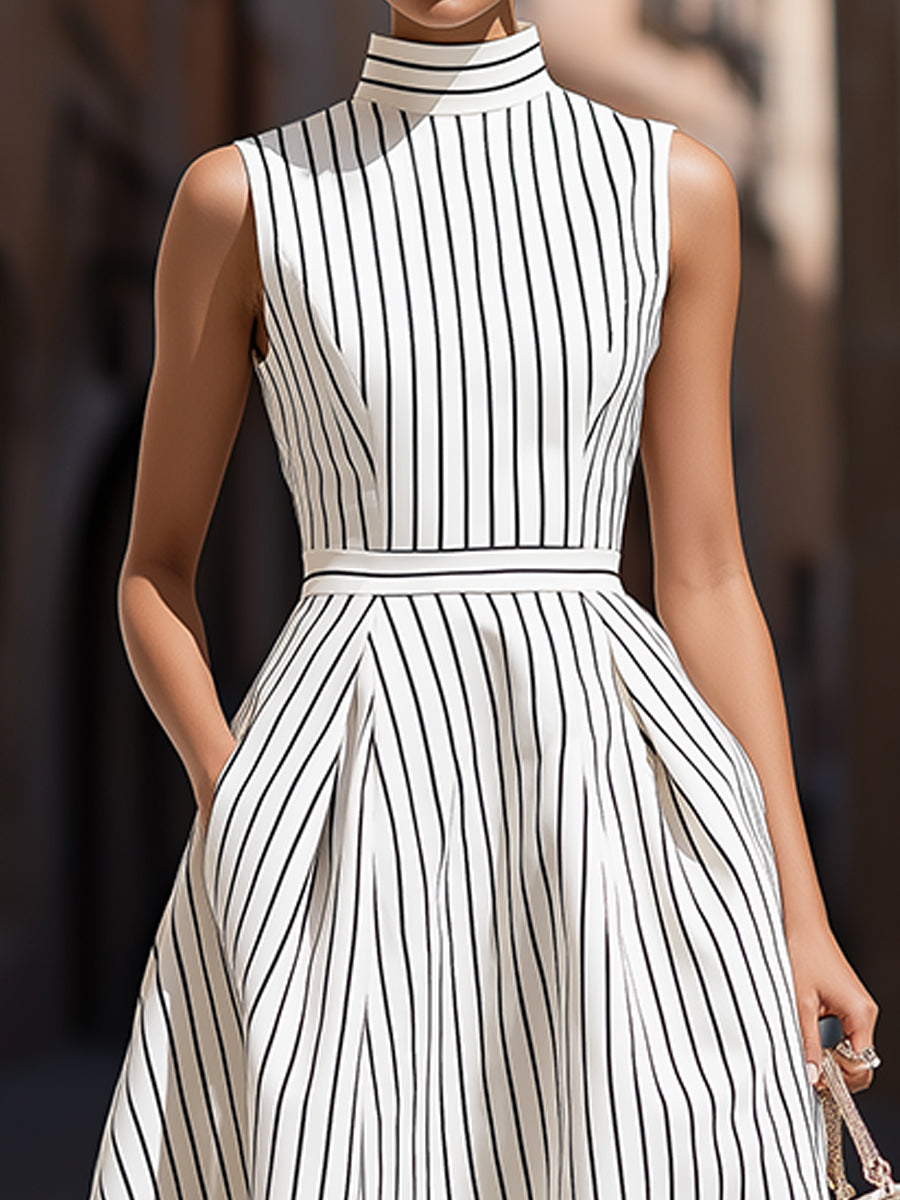 Zafren White Pinstripe High-Neck Midi Dress