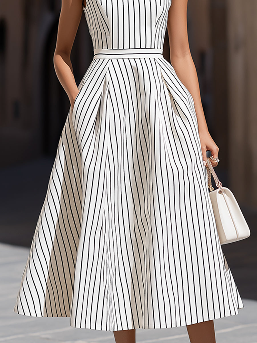 Zafren White Pinstripe High-Neck Midi Dress