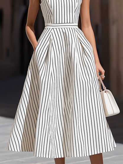 Zafren White Pinstripe High-Neck Midi Dress