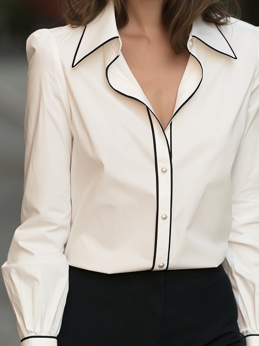 Zafren White Piped Collar Button-Front Blouse