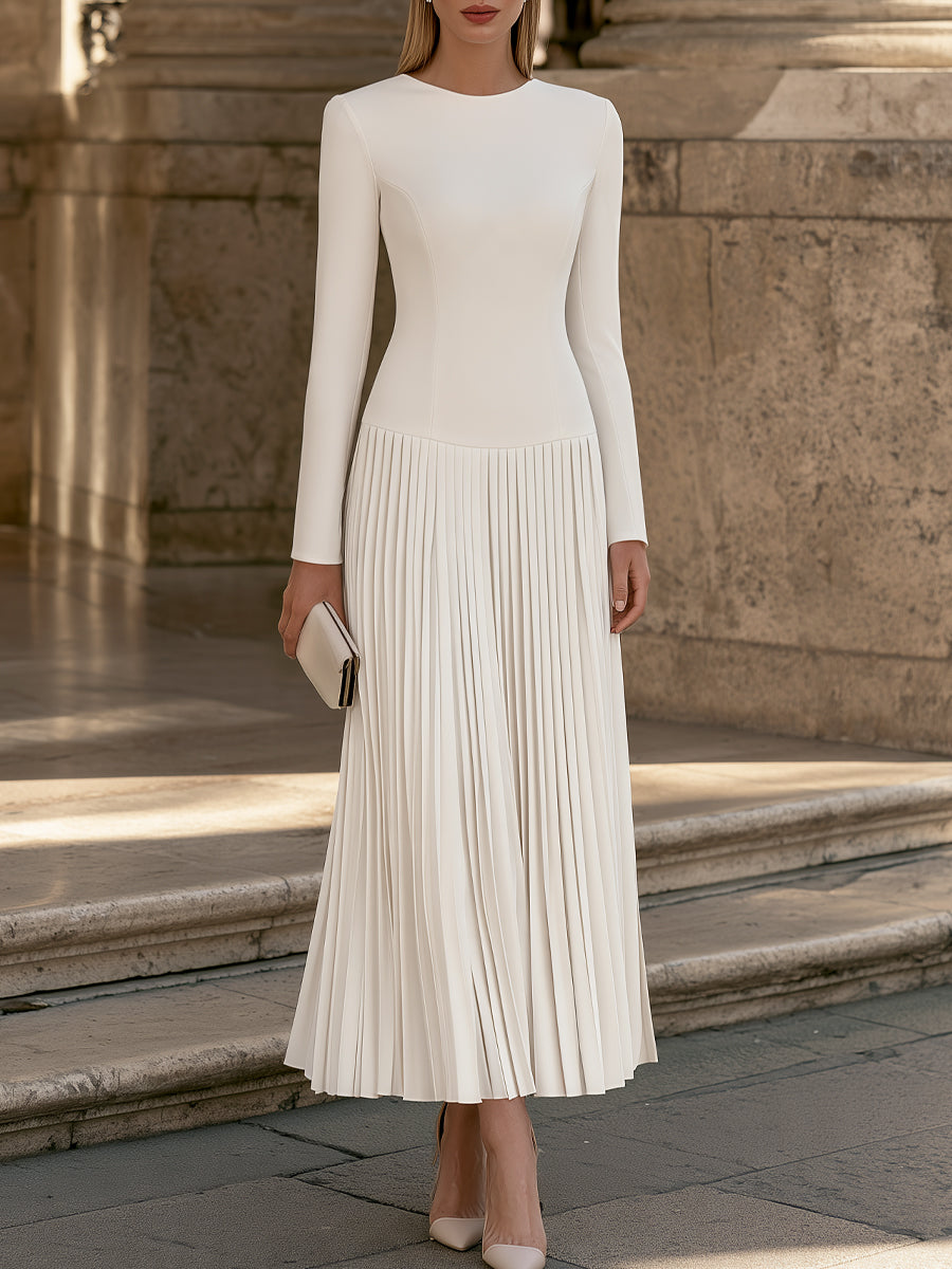 Zafren White Pleated Drop-Waist Maxi Dress
