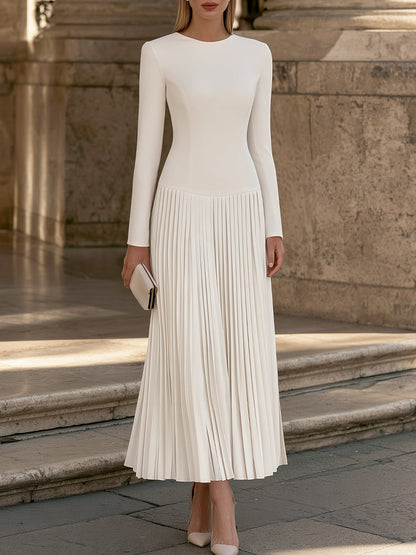 Zafren White Pleated Drop-Waist Maxi Dress