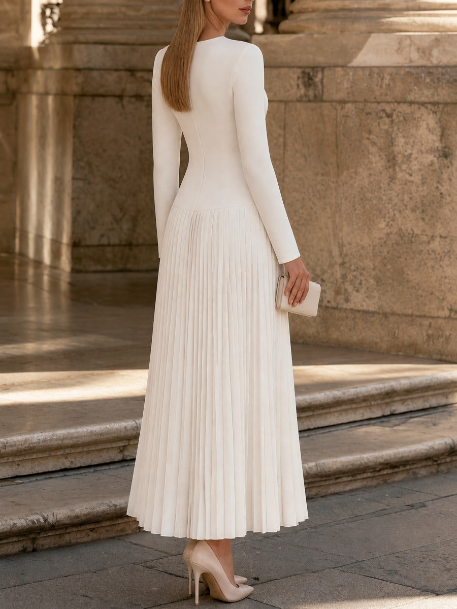 Zafren White Pleated Drop-Waist Maxi Dress